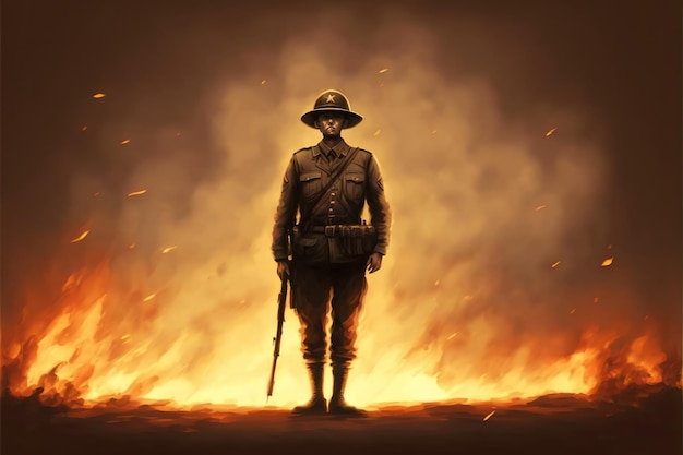 A soldier with his gun standing against fire background and looking at viewer Digital art style illustration painting