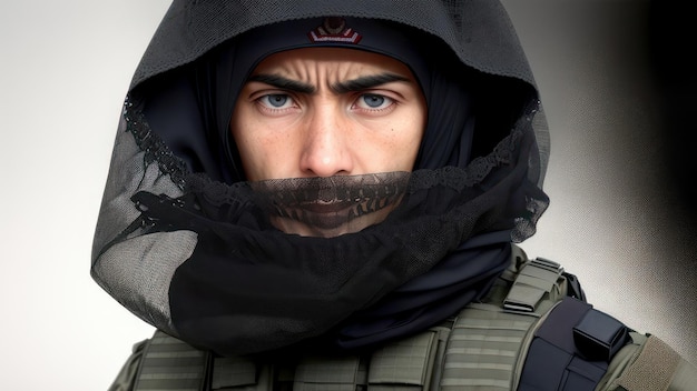 A soldier with a hood and scarf that says'i'm not a soldier '