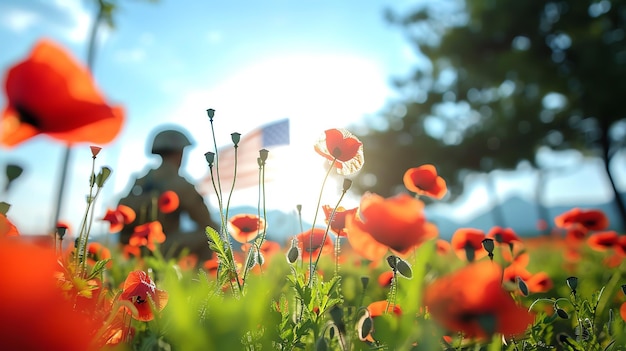 Soldier with Poppies and Flag Soldier folding the American flag carefully surrounded by red poppies