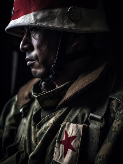 A soldier with a star on his helmet is wearing a star on his hat.