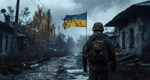 Soldier with Ukrainian National Flag in a War Torn Village