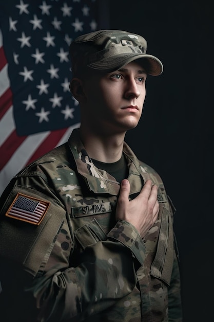 Soldier with a united states flag on his chest