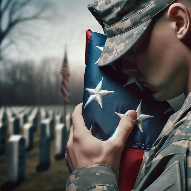 A soldier with US flag for memorial day concept