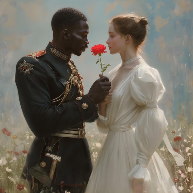 a soldier and a woman in a field of flowers with a woman holding a flower