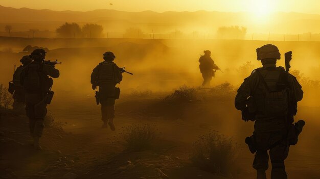 Soldiers advance through a dusty desert at dawn their silhouettes outlined by the golden light evoking a sense of determination under challenging conditions