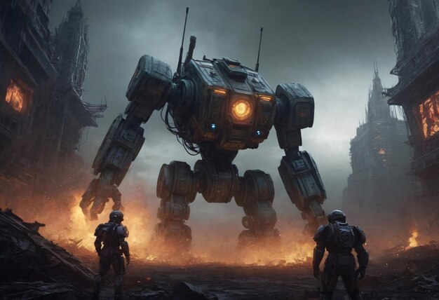 Soldiers Advancing Under the Gaze of a Massive Mech in a Dystopian Battlefield