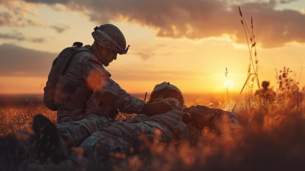 Soldiers assist a fallen comrade in a picturesque field at sunset capturing the blend of duty and camaraderie under a glowing sky