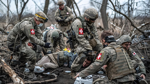 Soldiers Assisting Injured Russian Soldier with Medical Equipment on Battleground