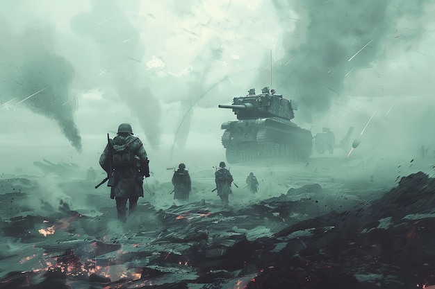 soldiers on the battlefield in world war epic moment background