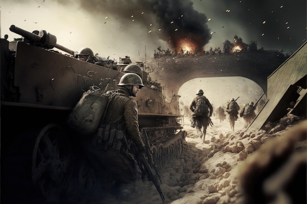 Soldiers battling in trench warfare with tanks and guns Digital illustration AI