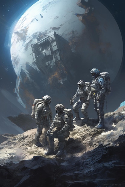 Soldiers in camouflage gear are standing on a rocky hill in front of a planet generative ai