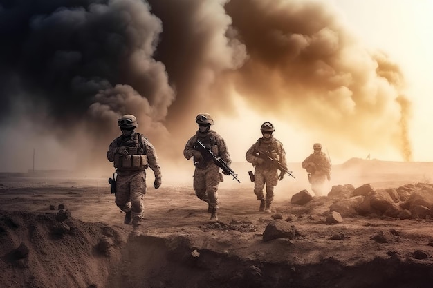 Soldiers crosses warzone with fire and smoke in the desert military special forces tank