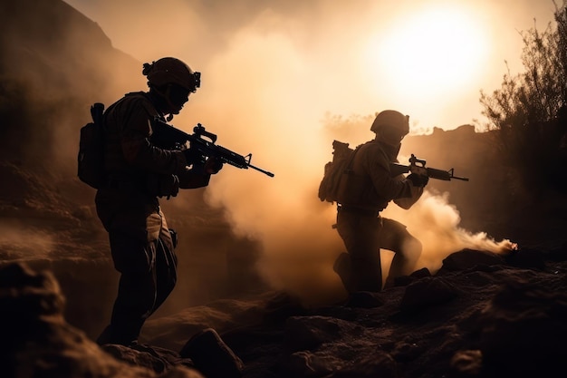 Soldiers in the desert with the sun behind them