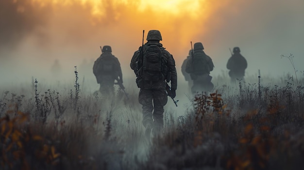 soldiers in a field with the sun behind them