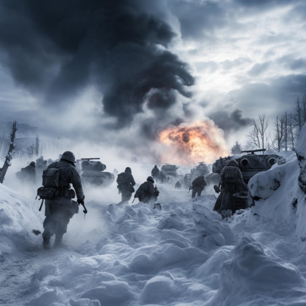 Soldiers fighting in world war snow area high quality