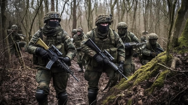 Soldiers in the forest with the word army on the front