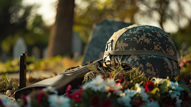 Photo a soldiers hat and some flowers and a hat with a military uniform on it