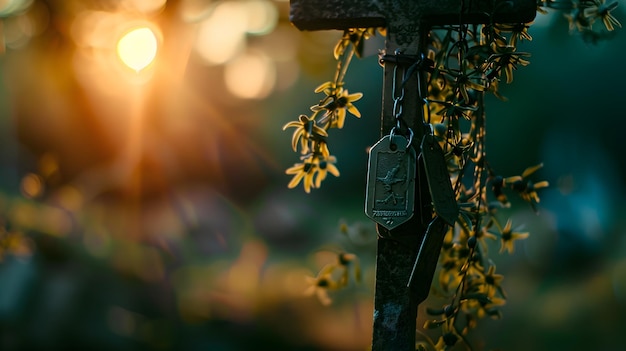 Soldiers Lasting Tribute Dog Tags Hanging from a Cross at a Memorial