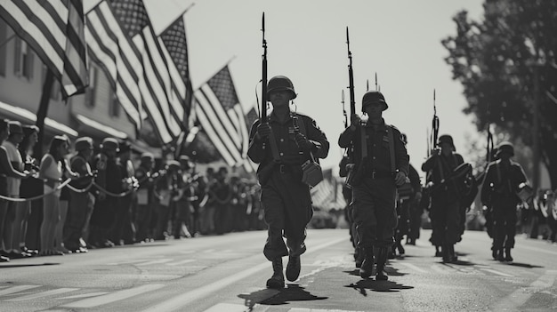 soldiers march down a street in front of a flag