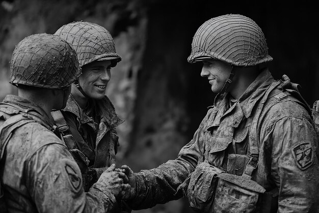 Photo soldiers meeting peacefully with the enemy a moment of truce and understanding