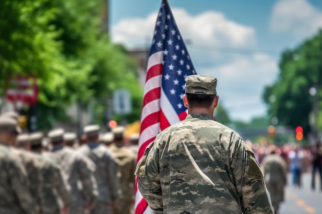 Soldiers in military uniforms stand in a parade with american flags on the side