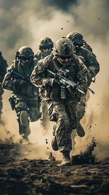 Soldiers Running Through Dust During Military Exercise