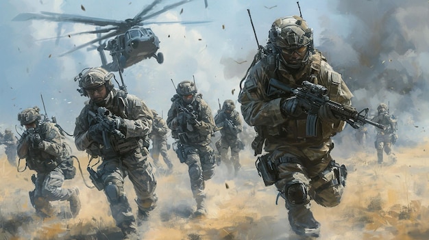 Soldiers Running Through A Dusty Battlefield Under A Flying Helicopter