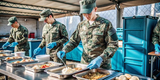 Photo soldiers serving food in a military kitchen three soldiers are preparing food for their comrades i