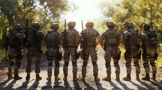 Soldiers stand side by side backs facing the camera on a sunlit road surrounded by trees signifying unity and readiness during a mission