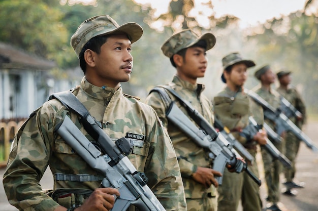 Soldiers standing holding weapons