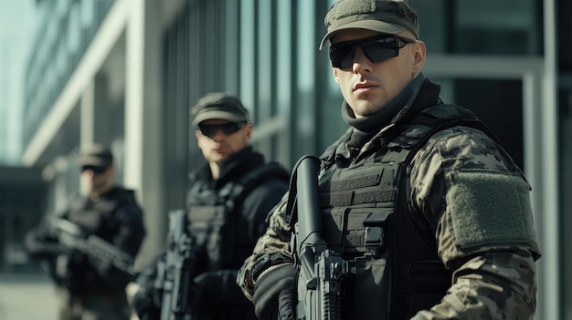 Photo soldiers in tactical gear stand guard outside a modern building during daylight hours showcasing military preparedness and security