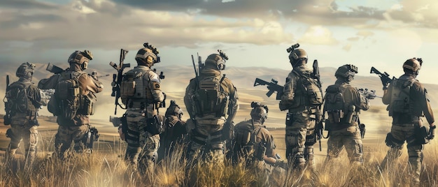 Soldiers in tactical gear stand together in a field under a dramatic sky showcasing unity readiness and cooperation in a vast open landscape