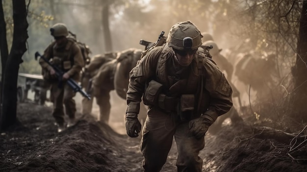 Soldiers in a trench with the words army on the right side