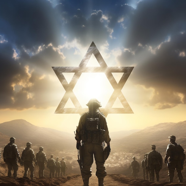 soldiers in uniform stand in front of a star of david generative ai