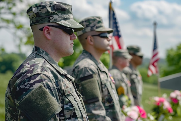 Soldiers in uniform standing in a line with flags in the background