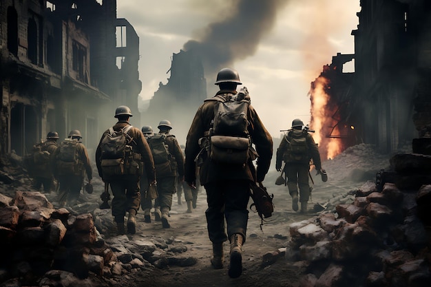 soldiers walk down a street with guns