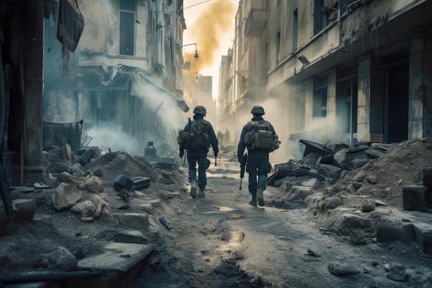 Soldiers walk through a street in the city of war.