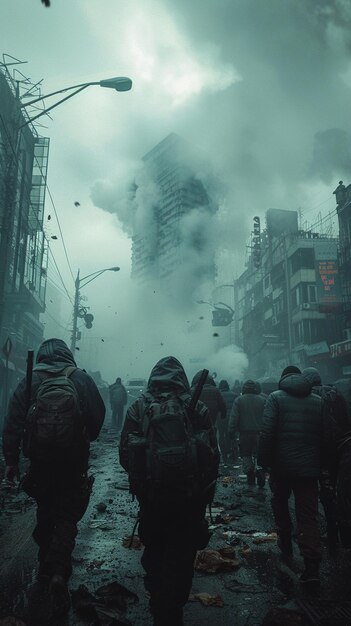 soldiers walking down a street in a city with a building in the background generative ai