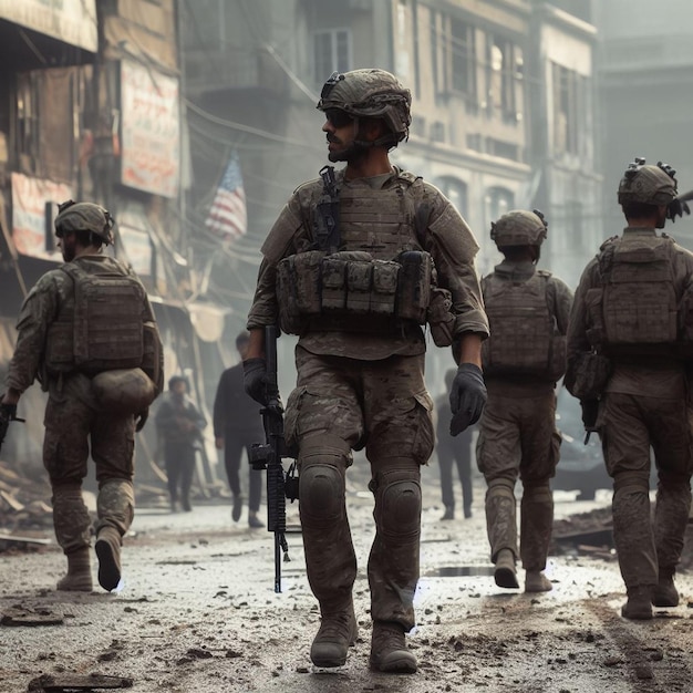 Soldiers walking down the street of a ruined city Palestine and Israel war images