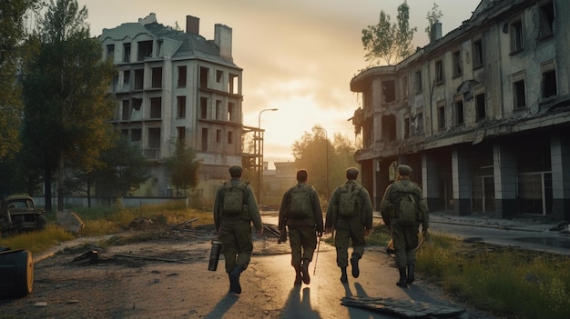 Soldiers walking in a ruined city with the sun setting behind them