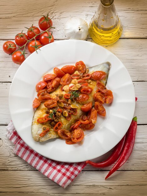 Sole fish with tomato anchovy and hot chili pepper