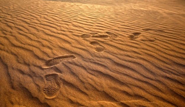 Sole shoes footprints at desert sand, human steps at wild nature place