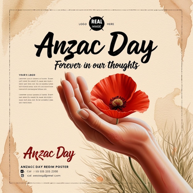 Photo solemn anzac day poster with handdrawn red poppy illustration