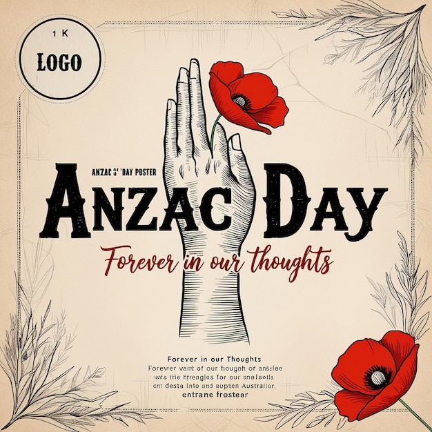 Photo solemn anzac day poster with handdrawn red poppy illustration