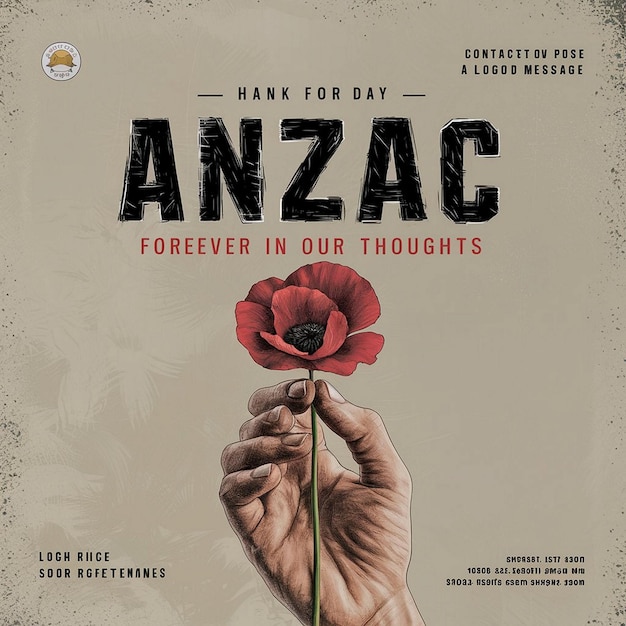 Photo solemn anzac day poster with handdrawn red poppy illustration