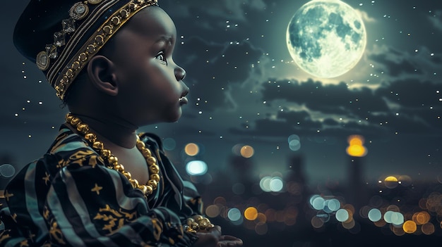 A solemn baby in a cap and gold jewelry against a city night backdrop under a full moon