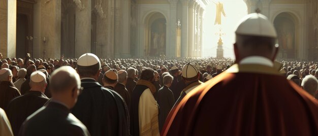 A solemn crowd gathers in a cathedral captured from the perspective of religious figures