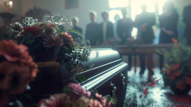 Photo solemn farewell woman with lilies at funeral