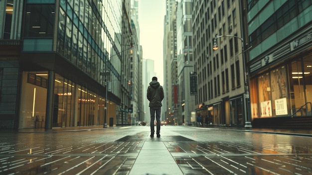 Solemn figure walking in a deserted city street on a rainy day