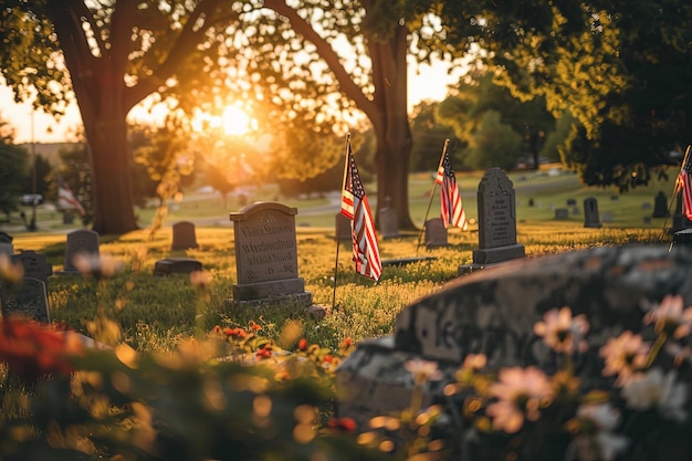 Solemn Memorial Day scene American flags grace cemetery graves against a picturesque sunset backdrop